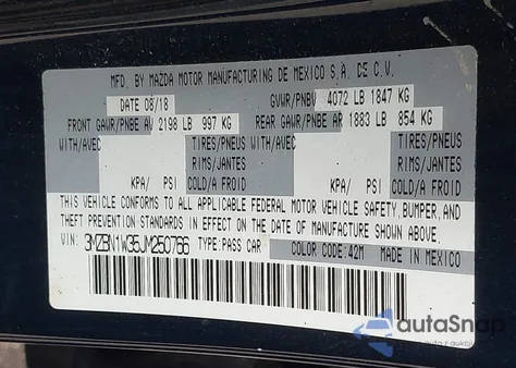 2018 Mazda Mazda3 Grand Touring from USA, damaged, VIN 3MZBN1W35JM250766